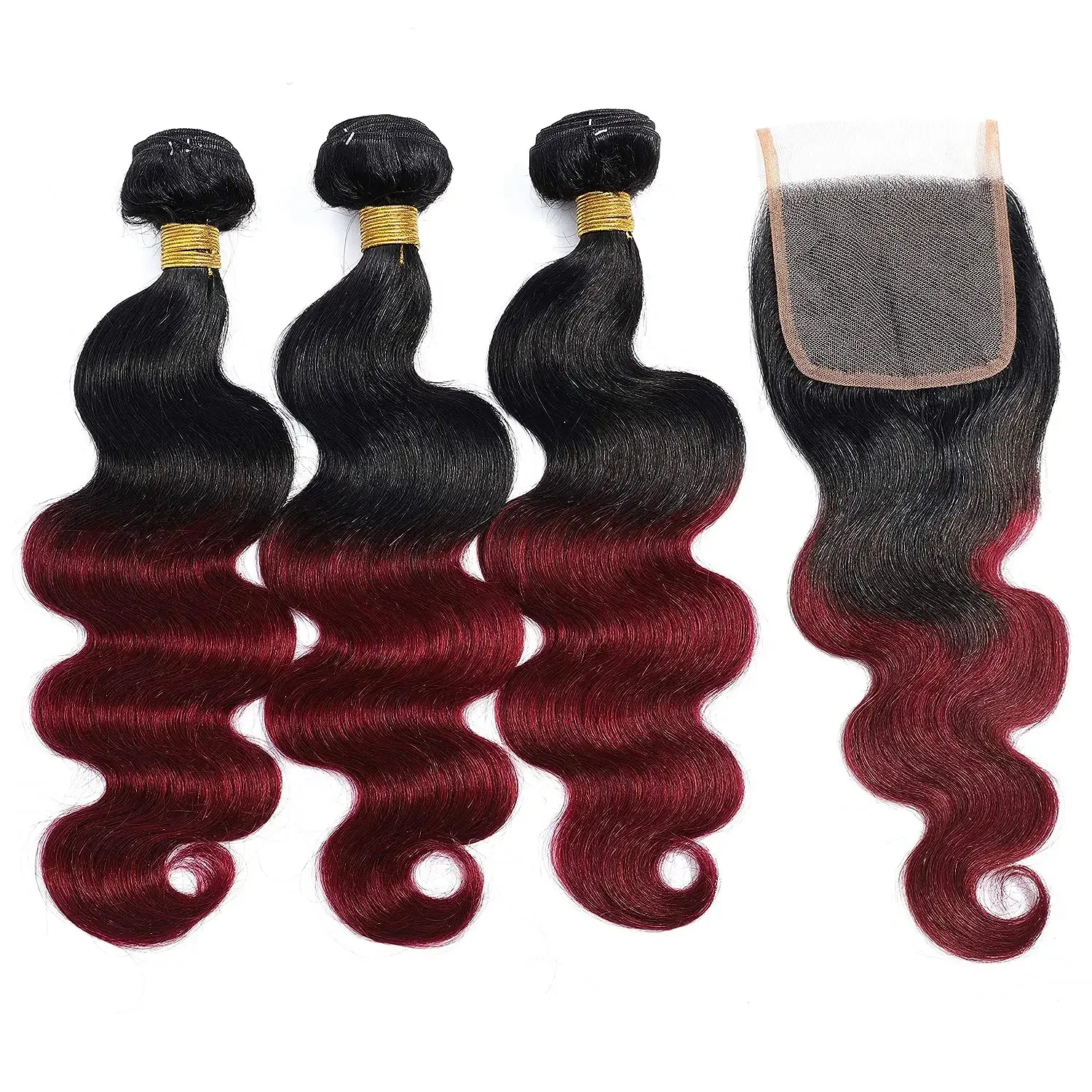 Human Hair Bundles With Closure 1B/Burgundy Brazilian Body Wave Weave Bundles 100% Human Hair Extensions Lace Frontal Clearance