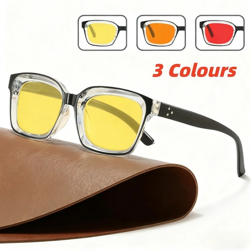 

New Retro Square-Frame Night Vision Glasses Unisex UV Protection Plain Glasses Orange and Red Lenses Anti-blue Light Goggles