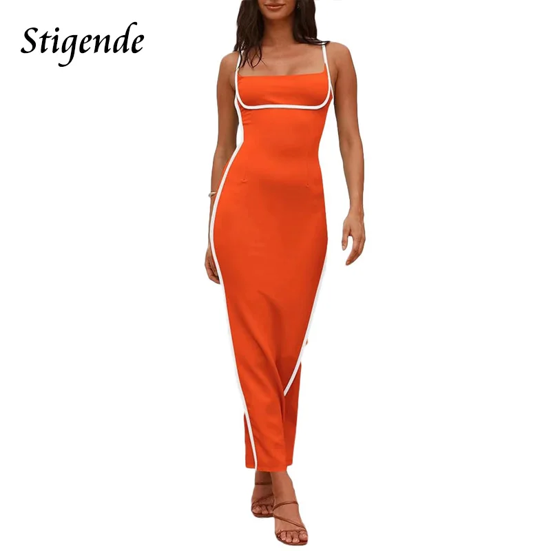 

Stigende Women Patchwork Long Cami Dress Spaghetti Strap Back Zipper Tank Sundress