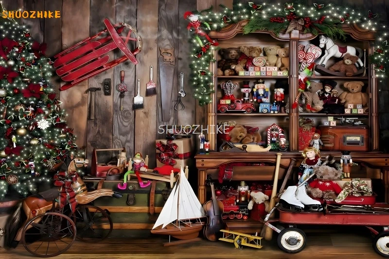 Sfondo fotografico natalizio invernale Albero di Natale Regalo Orso Ritratto per bambini Decorazioni per feste Sfondo fotografico con tavola di legno marrone