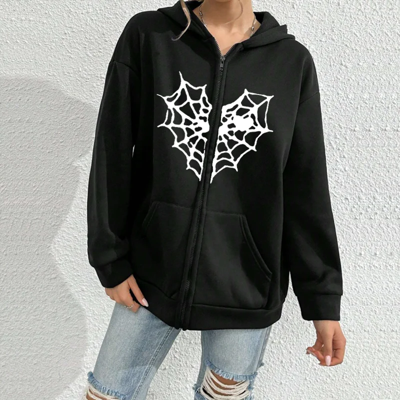 

Spider Web Heart Printed Hoodies Women Sweatshirt Graphic Zip Up Men Hoodies Y2k Grunge Jacket Zipper Cardigan Emo Clothes Punk