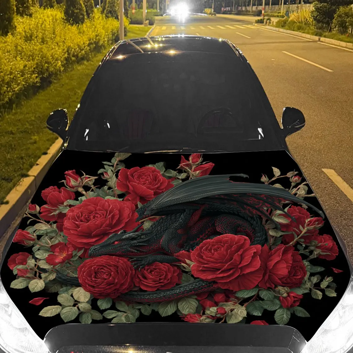 

Виниловая пленка для автомобиля с красными розами и черным драконом, водонепроницаемая наклейка на капот автомобиля из ПВХ, самоклеящаяся устойчивая к царапинам Sti