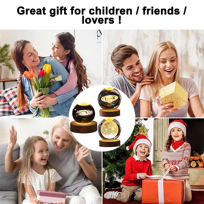 Luminous Crystal Ball LED Night Light Saturn Solar System 3D Moon Table Lamp USB Bedroom Atmosphere Lamp for Birthday Kid Gift