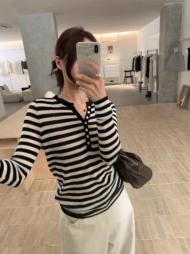 

Slim Fit Long Sve V-Ne полосатый трикотаж шикарный осенний новый базовый слой одежды для поездок на работу Sle обычный тонкий