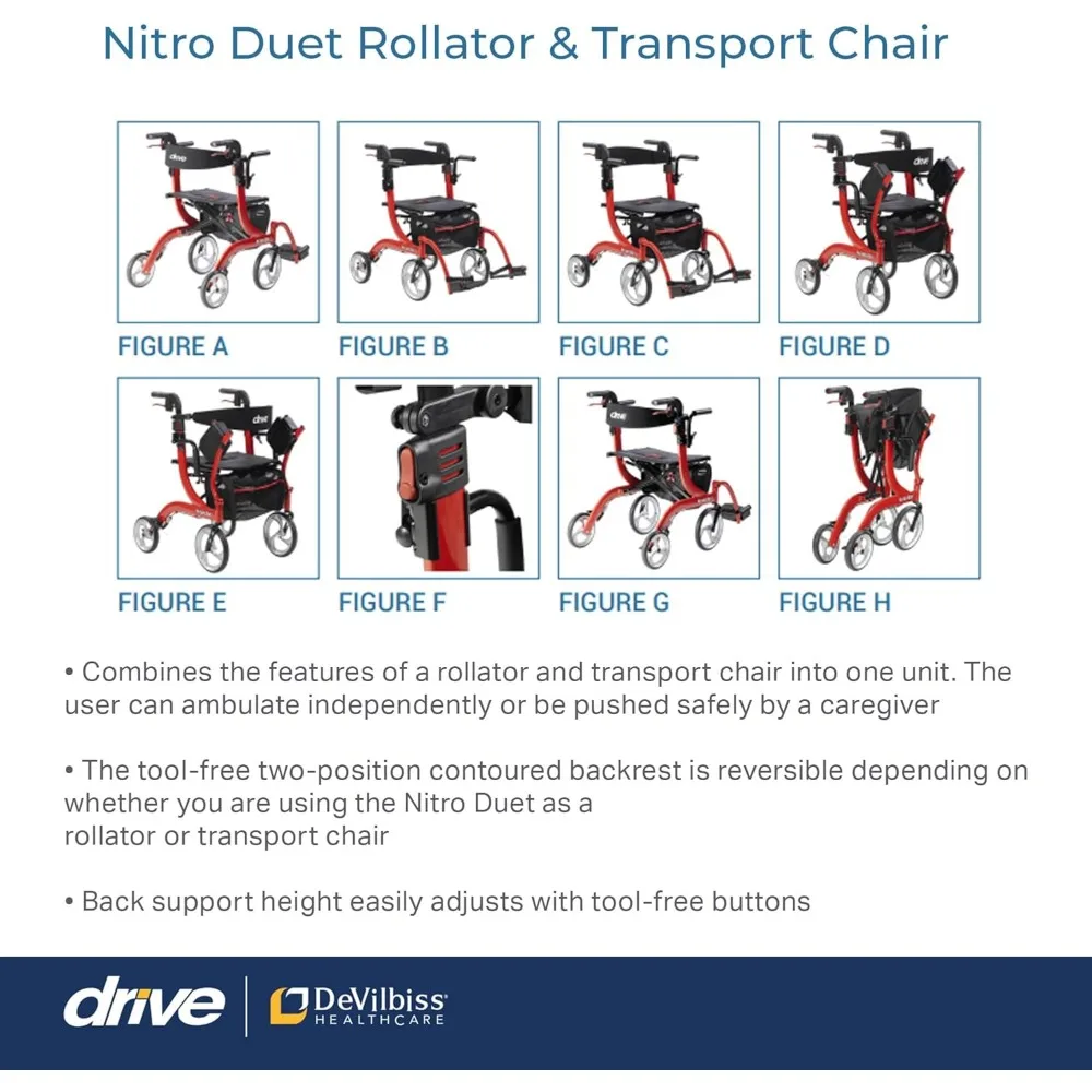 Nitro Dual Function Transport รถเข็นวีลแชร์และ Rollator Rolling Walker Combo พร้อมระบบเบรกแบบเปิดใช้งานด้วยมือและพนักพิงหลัง สีแดง