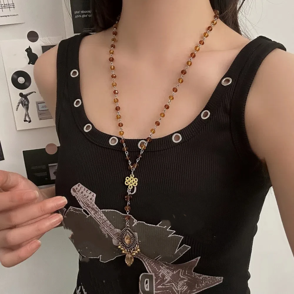 

Double Layer Rhinestone Pendant Necklace Bohemian Ethnic Style Long Sweater Chain Crystal Neck Jewelry Vintage Beaded Necklace