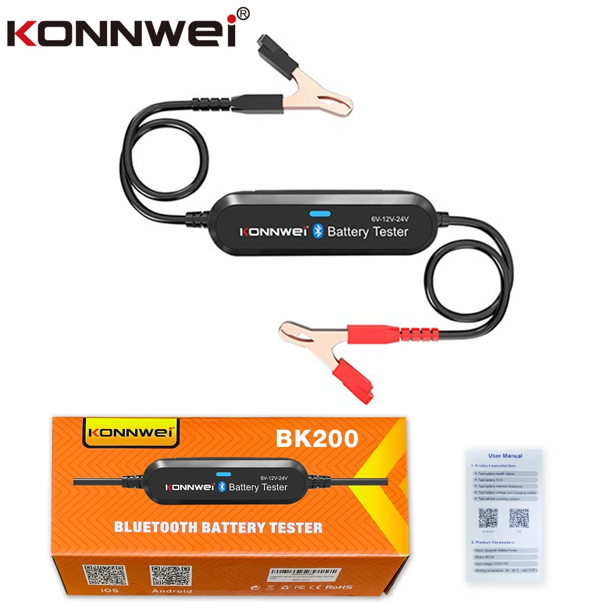 KONNWEI BK200 Bluetooth 5.0 Battery Tester Analyzer Car Motorcycle Charging Start Test Tool 6V-24V Li-Lead Acid Battery 2000 CCA