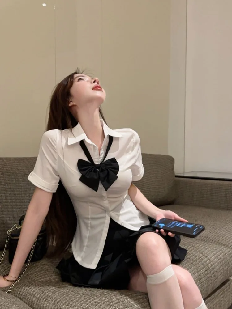 

Summer New Style Pure Desire Spicy Girl Waist-Cinching Shirt Women's School Uniform Skirt Set Two-Piece Set Short Pleated Skirt