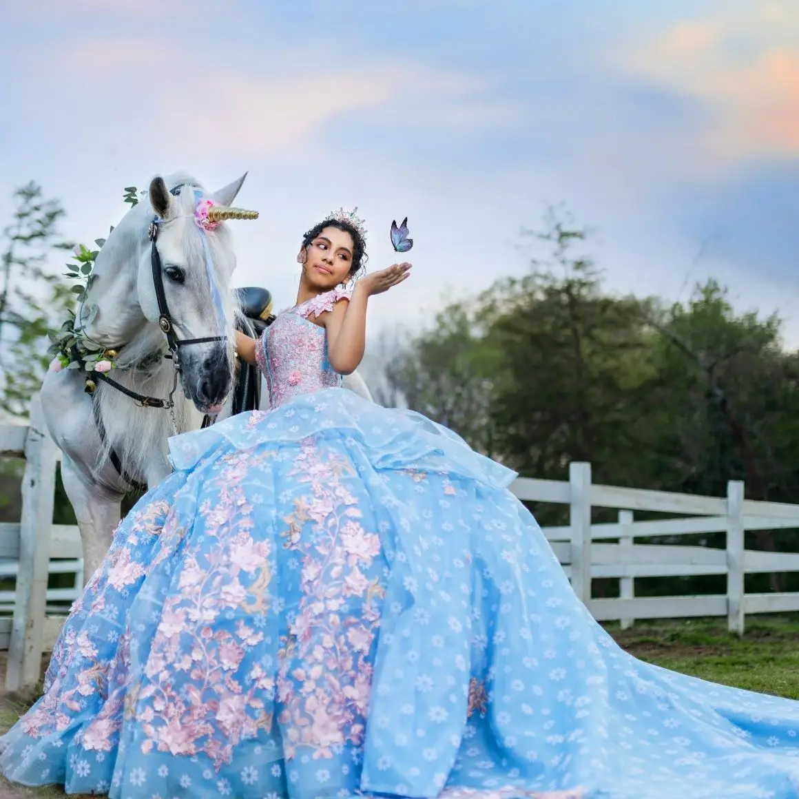 

Светильник-голубое платье Quinceanera с 3D аппликацией цветочное милое платье 16 цветов vestidos de 15 лет 2023