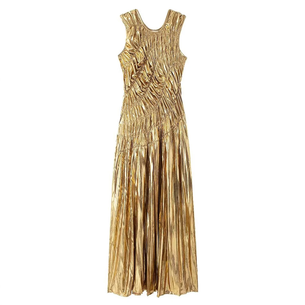 Golden female warrior Round Neck Sleeveless Appear Slim Pressed Pleat Splicing Long Women Vest Dress ZATAF 2024 Summer New