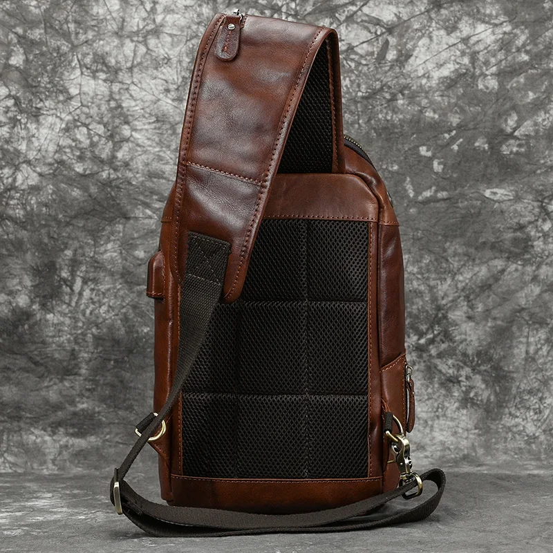 genuine Leather Chest Bags for Men Fit iPad Mini Shoulder Bags Male Anti Theft Chest Pack USB Charging Summer Sling Bag