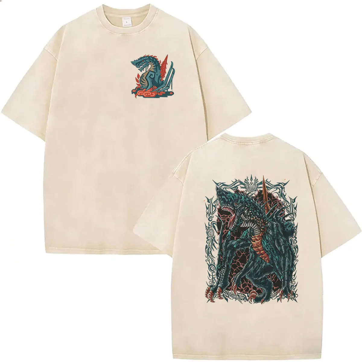 Gewaschenes Vintage Game Monster Hunter Rajang The Golden Grafik-T-Shirt für Herren, Gothic-Mode, Baumwolle, kurzärmeliges T-Shirt, Streetwear – Detail 6