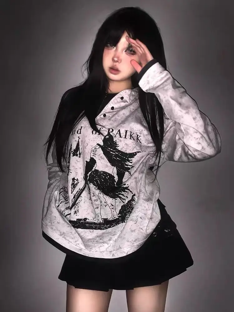 Punk Hip Hop Element V-neck Fake Two Pieces Design Pullovers Versatile Autumn\\winter Base New Long Sleeved  Y2k Sweatshirts