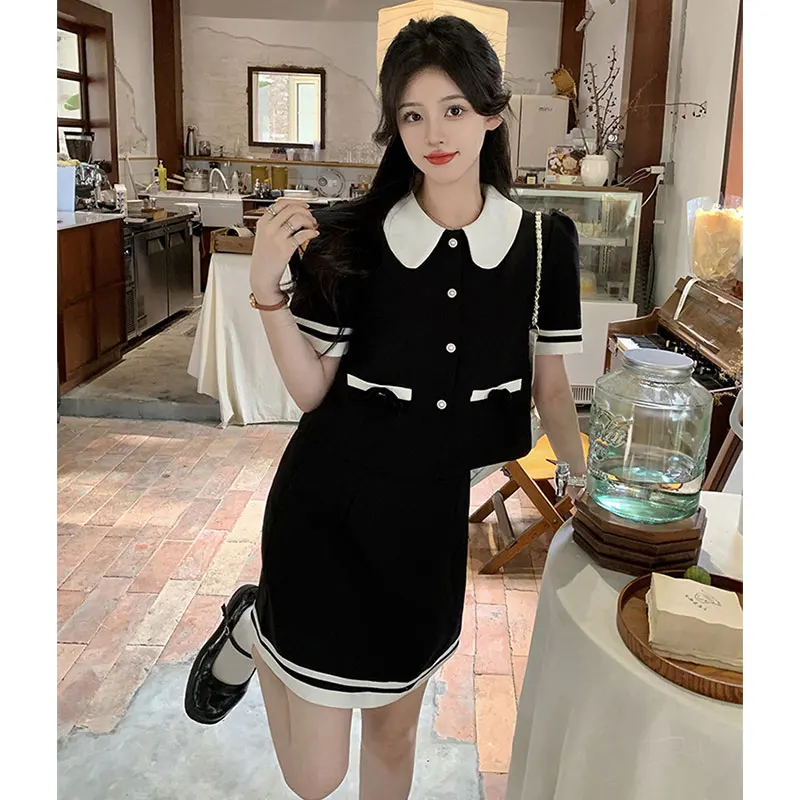 New Korea Elegant Two Piece Black Sets Sweet Peter Pan Collar Top + A Line Midi Skirts Suit Retro Summer Lovely Bow Party Outfit