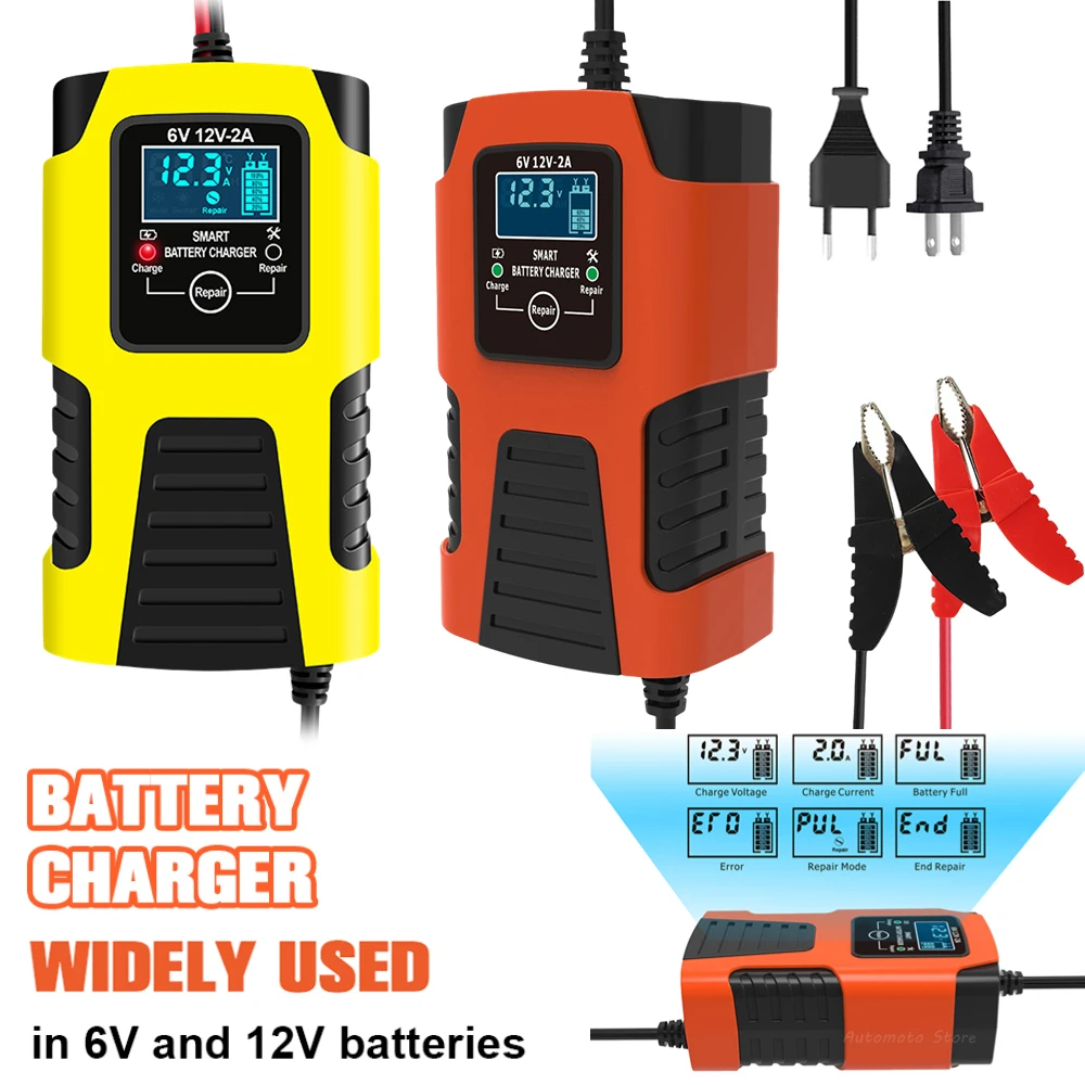 2A 6V 12V Battery Charger EU/US Plug Tester Automatic Smart Digital LCD Display Motorcycle Car Power Pulse Repair Tools