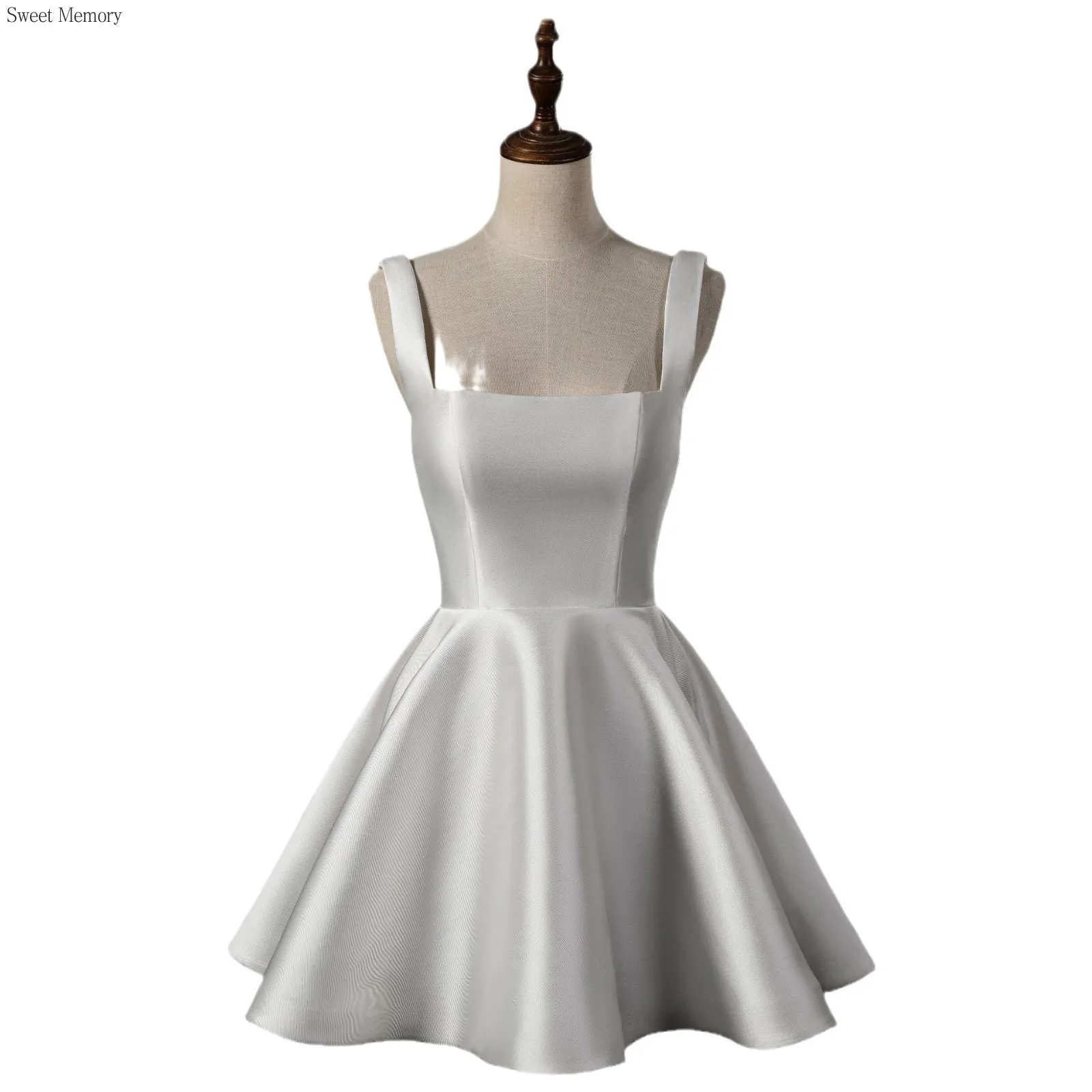 Sweet Memory A-Line White Short Wedding Dress Princess Party Dress Luxury Robe Women Sleeveless Knee-Length Satin Dress