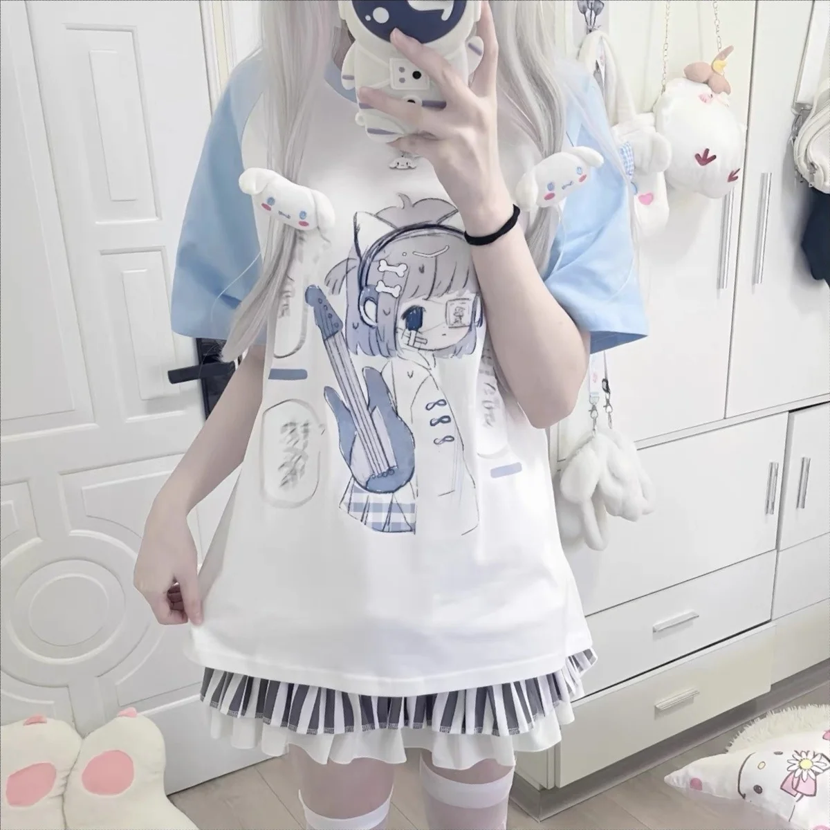 Mädchen-T-Shirts, beliebt, japanischer Harajuku, niedlich, Sommer 2024, neue blaue Subkultur, kurzärmeliges T-Shirt, Pullover, Damen-Kurzoberteile