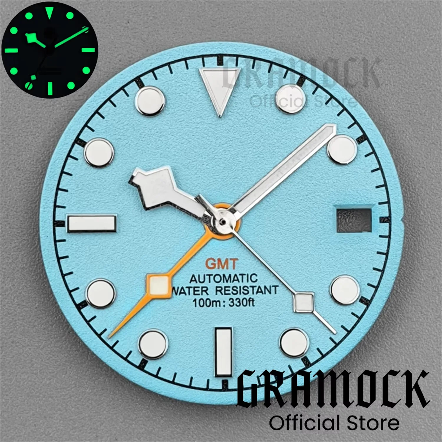 GRAMOCK NH34 Zifferblatt 29mm Blaue Textur Zifferblatt Schwarz Orange Schneeflocke Hand Leuchtende Fit NH34 GMT Bewegung Mod uhr Teile