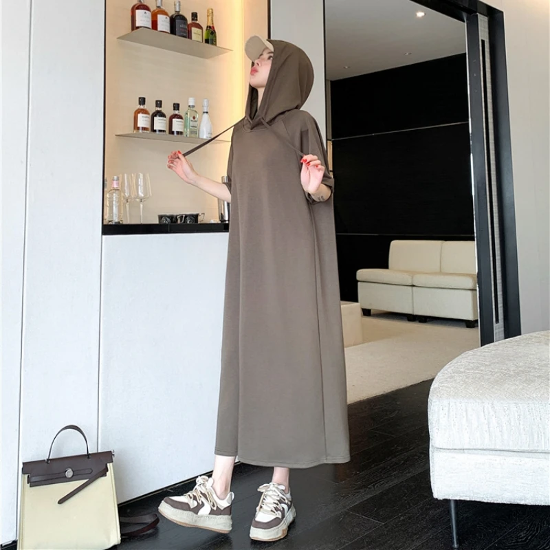 プラスサイズ スリット入りTシャツ ルーズフィット 半袖 パーカーワンピース レディース 春夏 細見え カジュアル 無地 ロング丈ワンピース