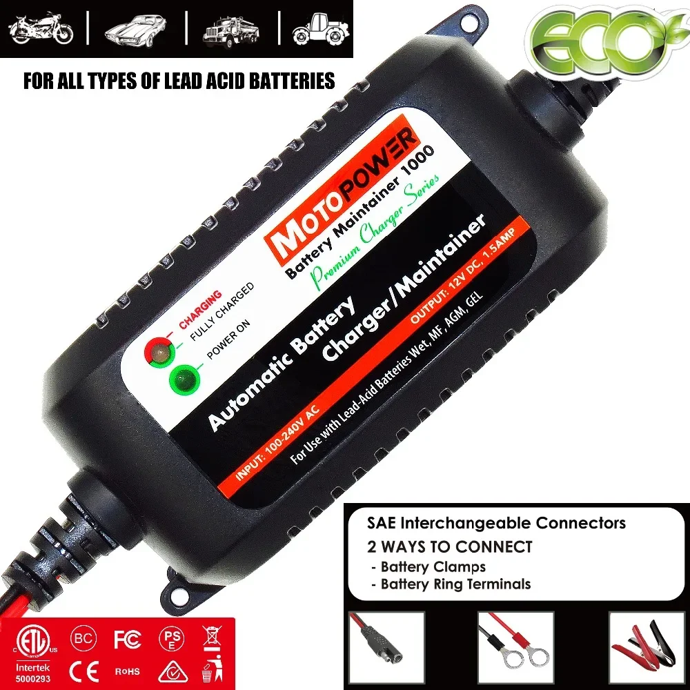 MOTOPOWER 12V 1.5A Fully Automatic Smart Battery Charger Maintainer for Car Truck Boat Motorcycle all types Lead Acid Batteries