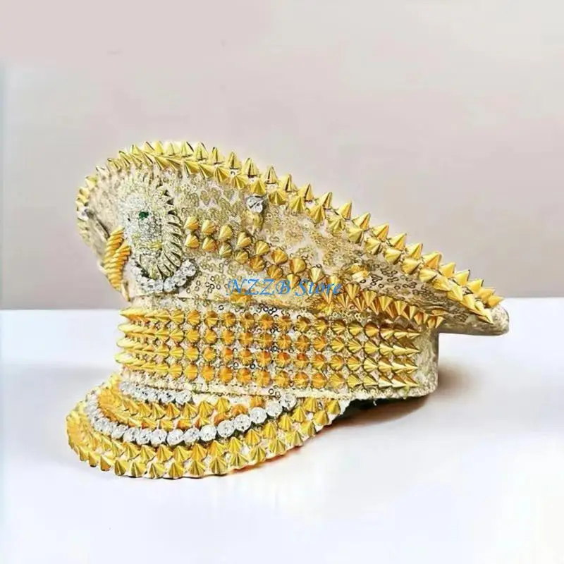 

T21F Modern Gold Lion Sequins Captain Hat Rhinestones Rivet Studded Hat For Stage Show and Photography Accessories Headwear