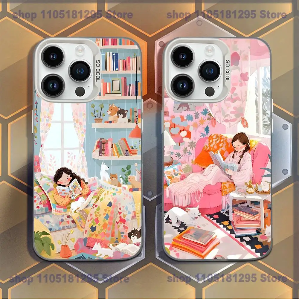 

Reading Bookshelf Girl Phone Case For iPhone 17,16,15,14,13,12,11,Mini,Pro,E,MAX White Candy Matte Shockproof Cover