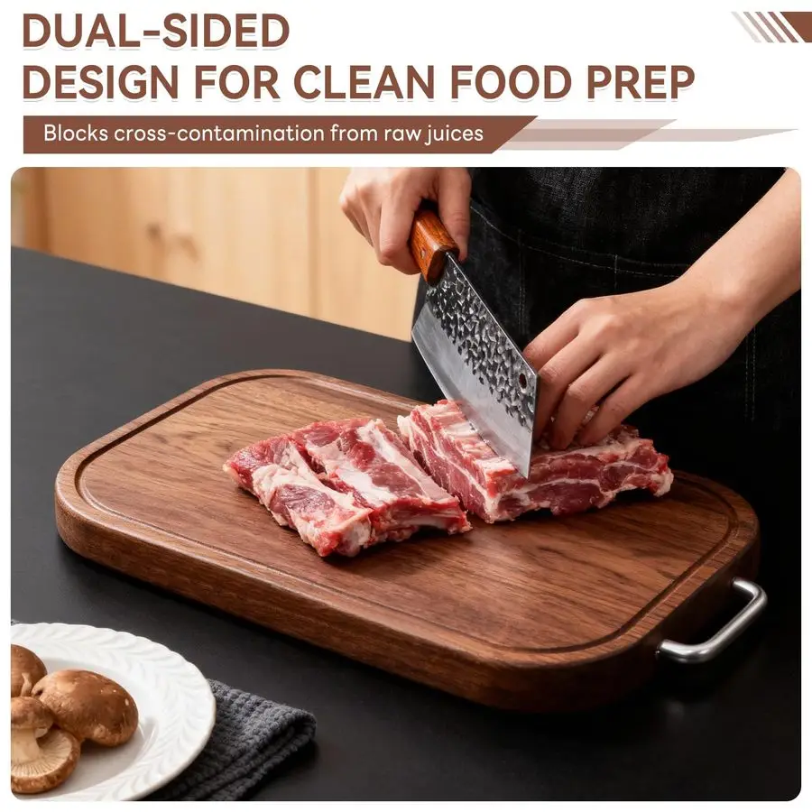 

Ebony Wood Cutting Board 14.59.51 Solid DoubleSided Butcher Block with Deep Juice Groove amp NonSlip Feet, FoodGrade Chopping Bo