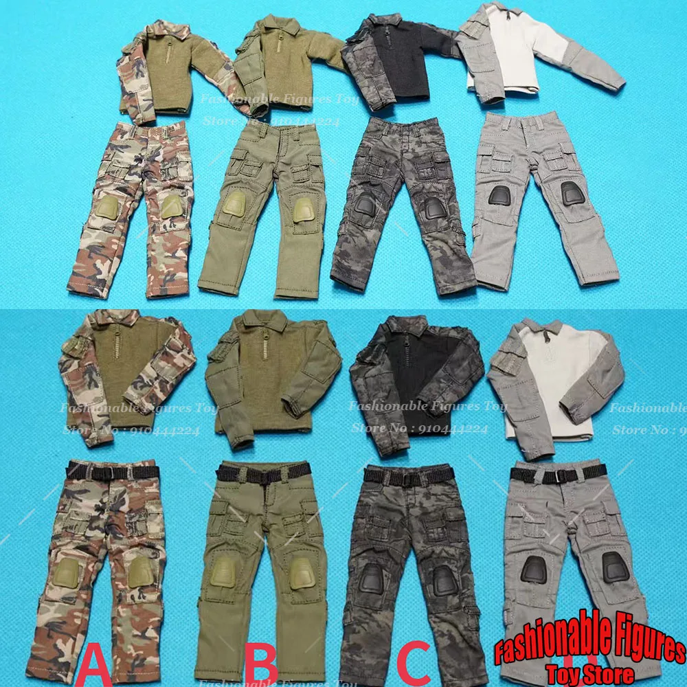 1/12 Men Soldier T-Shirts Combat Military Army Camouflage Long Sleeve Tops Pants Belt Tactical Clothes Fit 6Inch Action Figure
