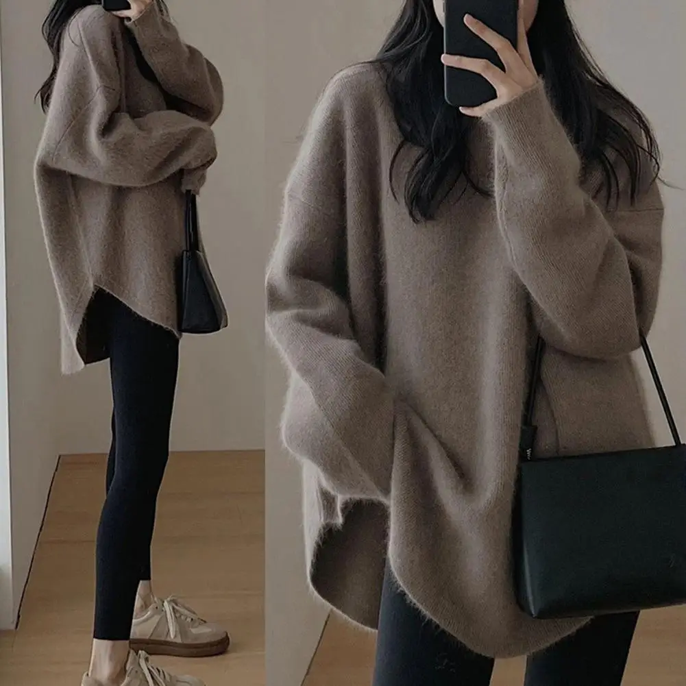 

Fall Winter Women Sweater Loose Mid Length Irregular Hem Sweater Thick Cozy Pullover Lady Elastic Top Sweater