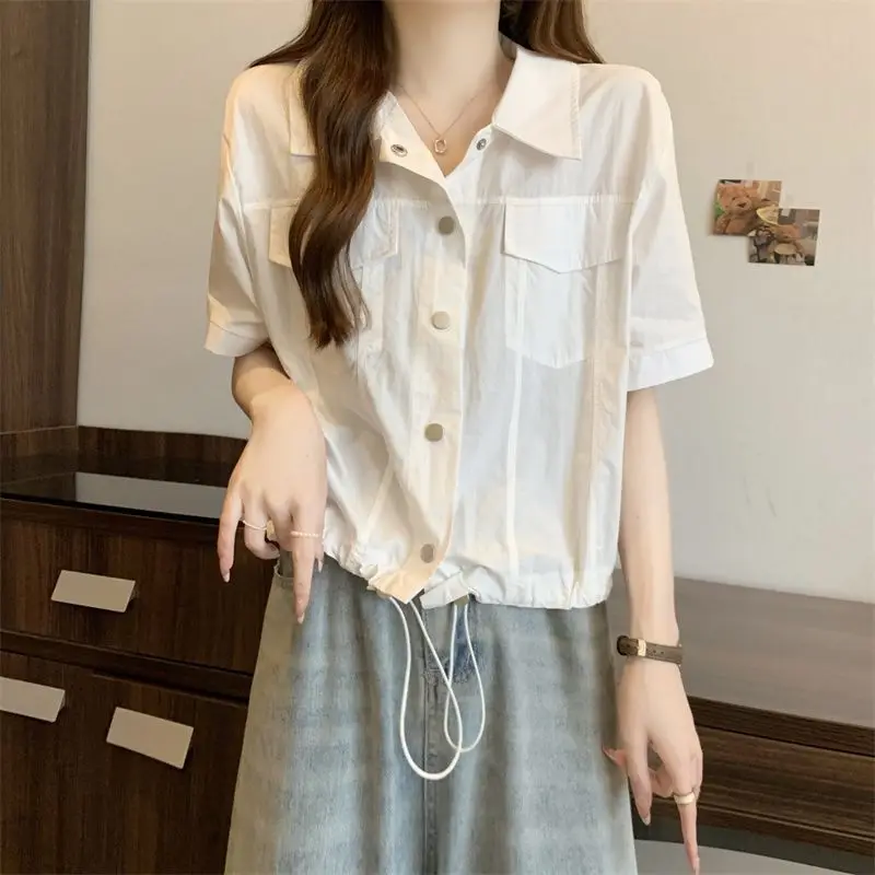 

Women's Summer Short Sleeve Cargo Shirt Lightweight Drawstring Casual Blouse Fit Trendy Fashion Top