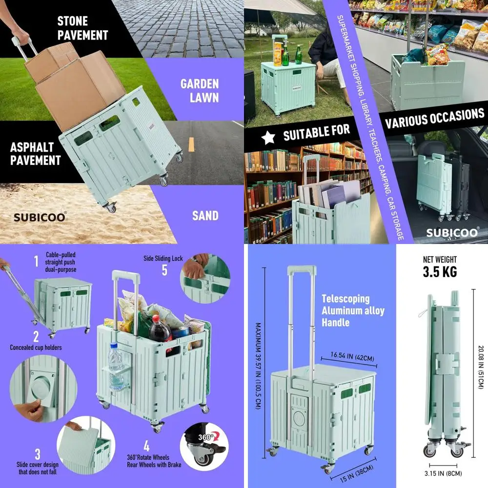 

Портативная складная тележка-ящик с крышкой, 4-колесная, для покупок, офиса, кемпинга и многого другого (зеленая)