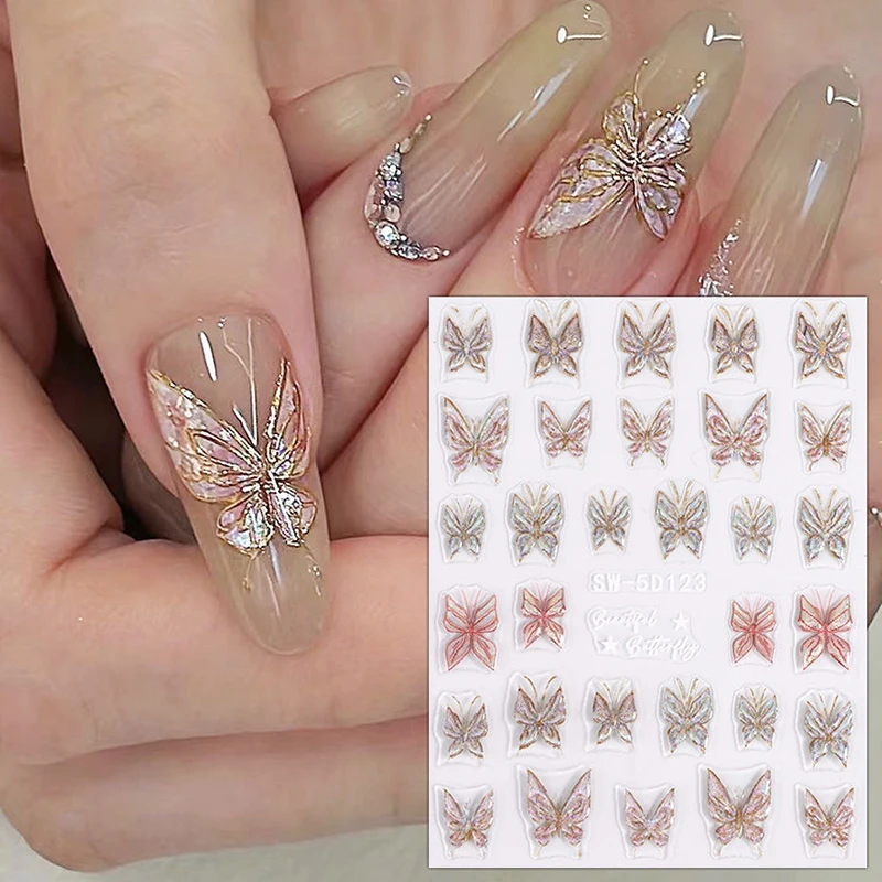 Flash Shining Butterfly Nail Art Stickers 3D Aurora Shell Butterflies Nail Decals Manicure Tool DIY Laser Fantasy Nails Supplies