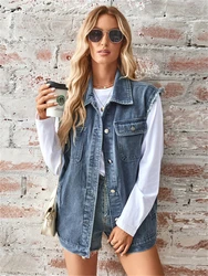 Streetwear Denim Vest Coat Autumn Clothes Women 2024 Washed Sleeveless Jacket Waistcoat Top Casual Baggy Jean Vest Cardigan Coat