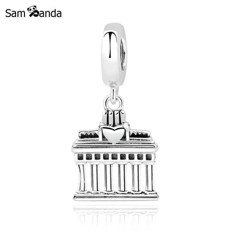 Abalorio de plata de ley 100% 925 auténtica para mujer, colgante de corazón de templo de Partenón griego, compatible con pulseras, joyería artesanal