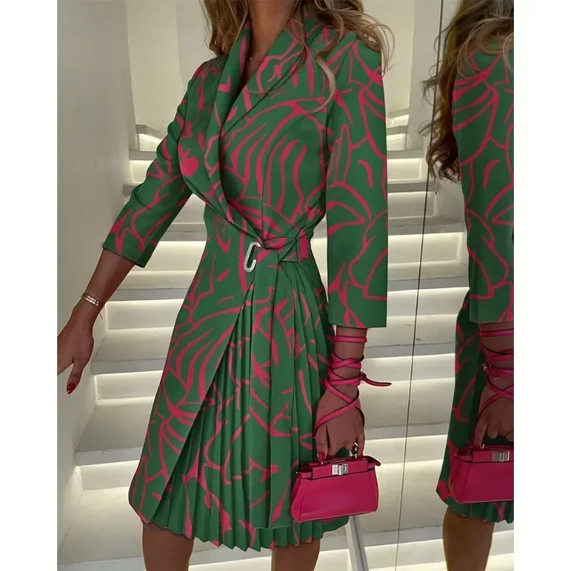 Women's Autumn Elegant Commuter Flip Collar Fashion Print Dress Ladies Casual Middle Sleeve Tie Up Waist Folding Women's Dress