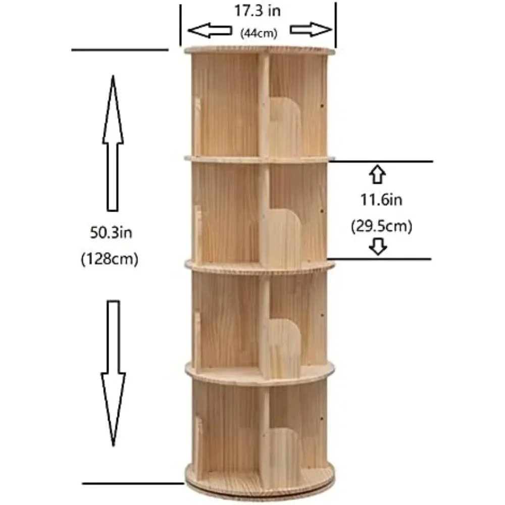 Rotating Bookshelf 360 Display Floor Standing Bookcase Storage Rack for Kids&Adults Solid Wood Bookshelf Organizer