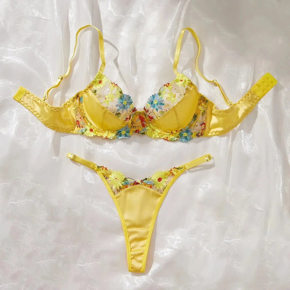 Women's Floral Embroidery Lingerie Set Ultrathin Satin Splicing Luxury Intimate Underwear Steel Ring Push Up Bra and Panties Set