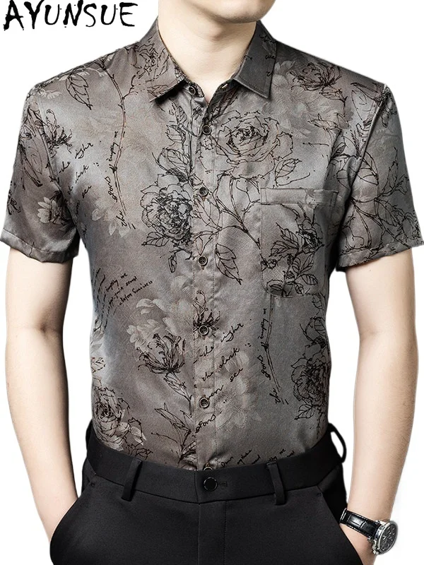 

AYUNSUE 100% натуральная рубашка из тутового шелка, мужская одежда, летние рубашки с короткими рукавами, мужские топы, повседневная модная рубашка с принтом, рубашка-комбинезон
