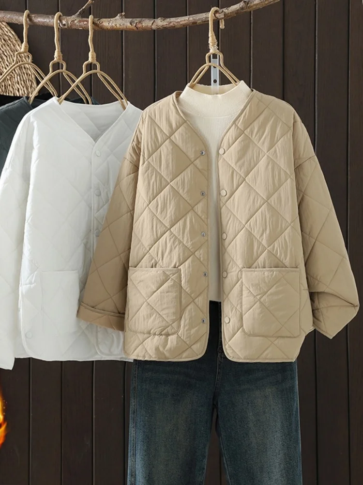 

Casual Cotton Quilted ort Jaet Women's Winter Warm Slimming Small Size Mommy Cotton Clothes No Collar Diamond Pattern