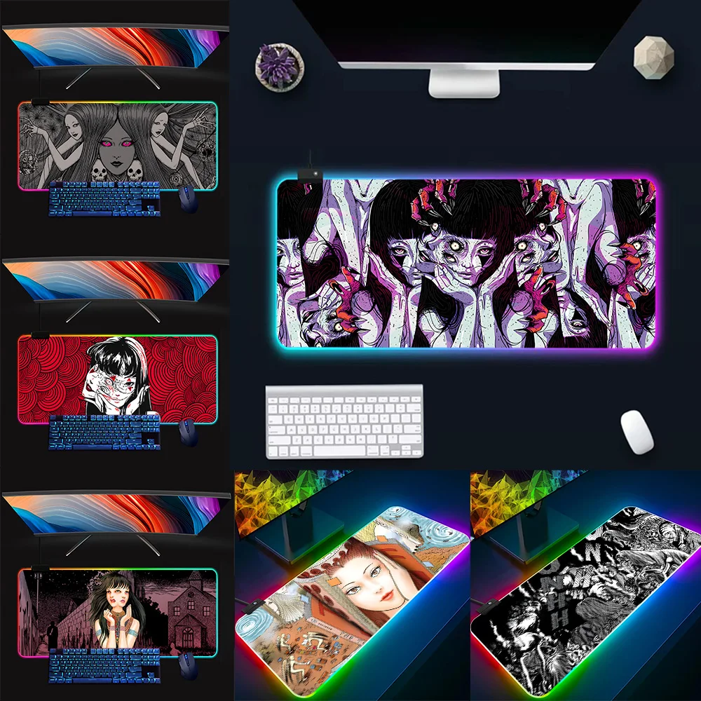 

Junji Ito Horror Comics RGB Pc Gamer Keyboard Mouse Pad Mousepad LED Glowing Mouse Mats Rubber Gaming Computer Mausepad