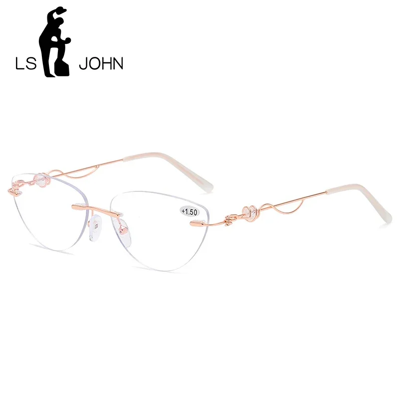 

LS JOHN Rimless Reading Glasses Women Ultralight Anti Blue Light Presbyopic Eyewear Cat Eye Prescription Eyeglasses +1.0 to +4.0