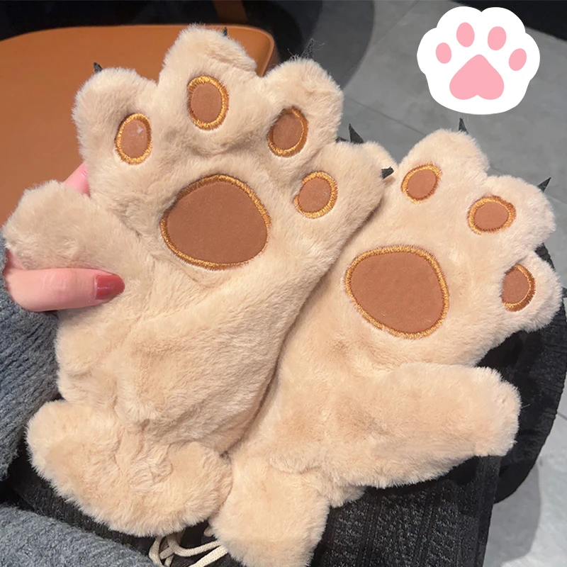 Cartoon Cute Cat Claw Paw Gloves Women Plush Mittens Warm Soft Plush Short Fingerless Fluffy Bear Cat Gloves Costume Half Finger