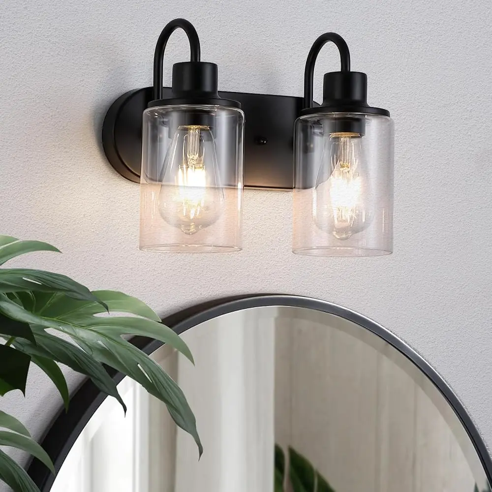 

Matte Bla Bathroom Light Fixtures,2-Light Bathroom Vanity Light With Clear Glass Shade,Modern Farmhouse Wall Sconces Lighting