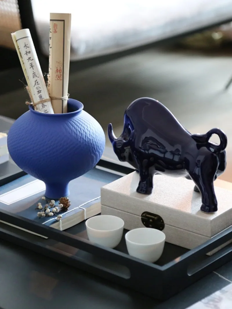 New Chinese style blue glazed, tray vase model room, Song Dynasty aesthetic coffee table tea room decorative ornament