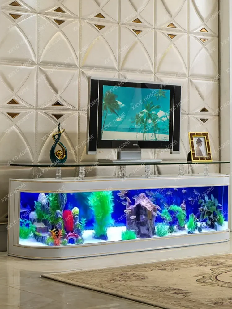 Creative Fish Tank TV Cabinet Ecological Change Water Fish Globe Glass Bar Home Living Room Coffee Table against  Wall Aquarium