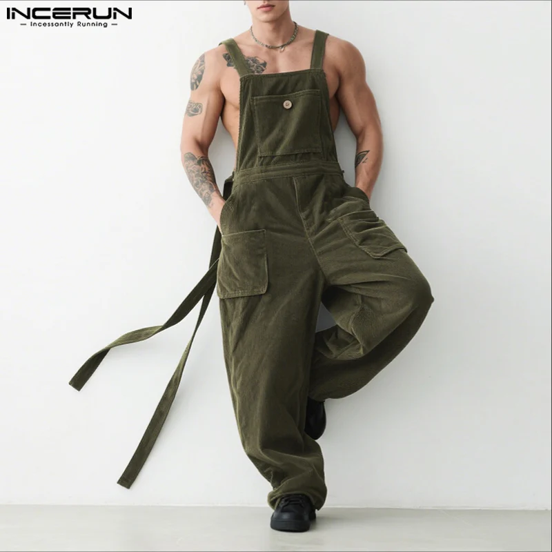 INCERUN Men Jumpsuits Solid Corduroy Sleeveless Casual Straps Rompers Men Streetwear Loose Pockets 2026 Fashion Cargo Overalls