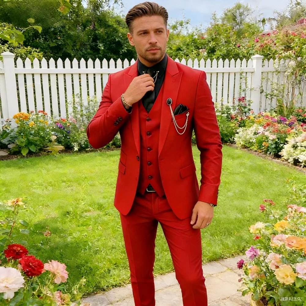 

Elegant Wedding 3 Piece Luxury Men's Suit Set - Single Breasted Peak Lapel Jacket Pants Vest Business Male Clothing