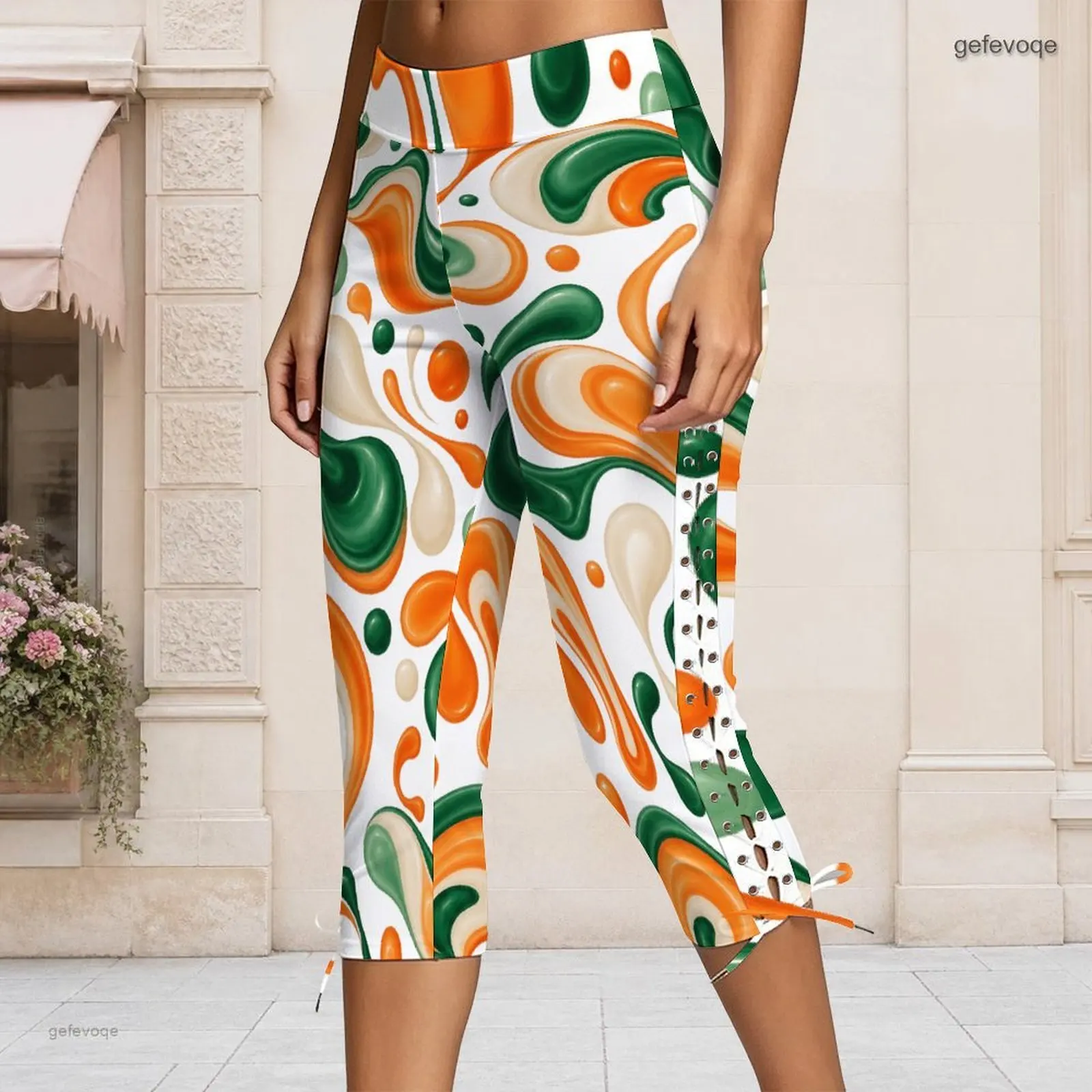 Women Abstract Swirl Printed High Waist Fitted Capri Pants Side Eyelet Lace Up