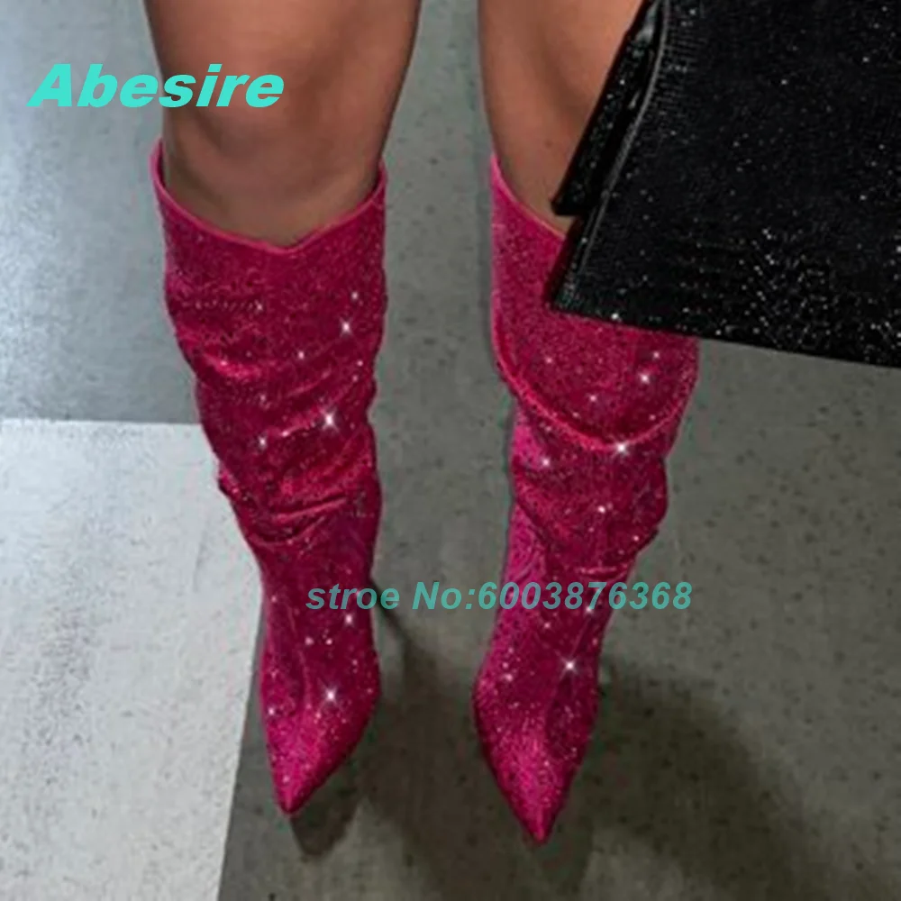 Glitzernde Patchwork Overknee-Stiefel mit Spitzer Zehe, Dünnen Absätzen und Seitenreißverschluss für Damen, Süße Modische Schuhe für Mädchen