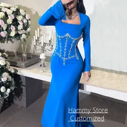 Crystal Mermaid Evening Dress Customized Long Sleeves Square Neck Beading Sweep Train Saudi Arabic Prom Gown Party Dresses